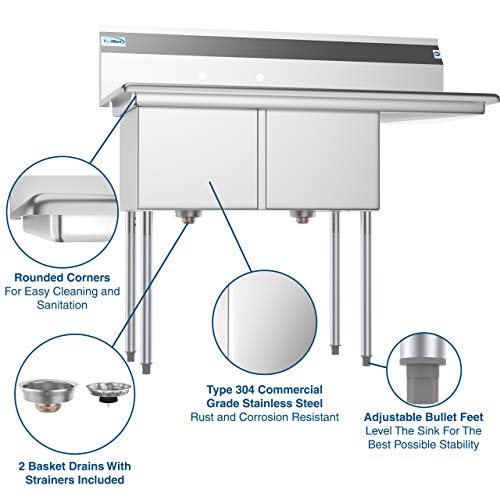 KoolMore 2 Compartment Stainless Steel NSF Commercial Kitchen Prep & Utility Sink with Drainboard - Bowl Size 15" x 15" x 12"