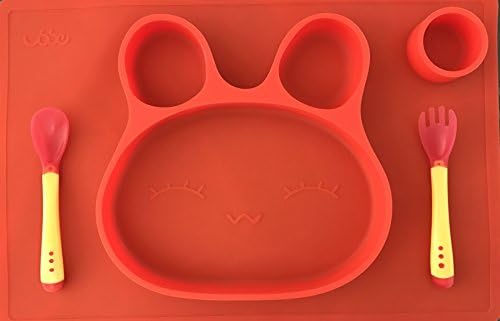 Moms Trust Silicone Placemat Compartment Plate with Silicone Spoon Fork for Babies and Toddlers - Portable Non Slip Meal Prep for Kids that Suctions to Tables Bunny Shape (Orange)