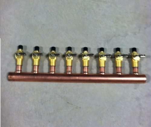 8 Loop 1" Copper Radiant Manifold w/ 1/2" Pex Crimp Mini-Ball Valve Fittings