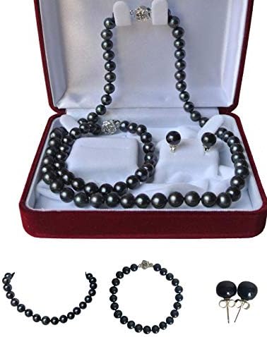 Pearl RomanceII ROUND PEARL II Black Pearl Necklace Bracelet & Earrings Set for Women 3 Piece Set Strand Stud Earring Pearl Jewelry Christmas Holiday Gift Genuine Cultured Freshwater