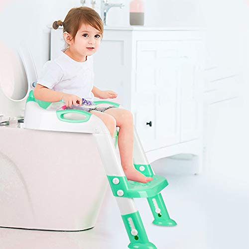 PITAYA Potty Training Seat with Step Stool Ladder,Comfortable Safe Potty Seat with Anti-Slip Pads Ladder ,Potty Training Toilet for Kids Boys Girls Toddlers,with Potty Training Champion Card(Green)