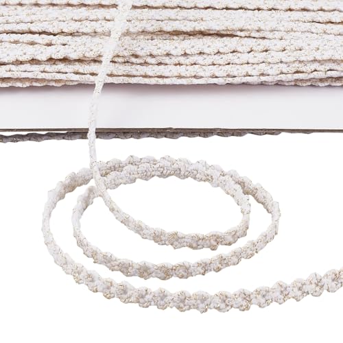 CABODYALS 15 Yards 7mm White Gimp Braid Ribbon Gold Metallic Trim Polyester Woven Upholstery Fringe Fabric Lace Trimming Bulk for Sewing Making Home Decor Costumes Curtain Dresses Hats Diy Crafts