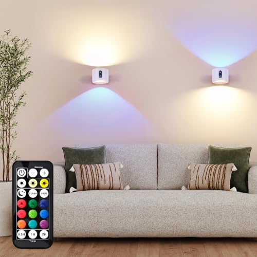 LuminexDesigns Led-wandlamp, 2 stuks, voor binnen, accu, draadloze RGB-wandlamp, wit, touch-dimbaar, met afstandsbediening, oplaadbare spots om te lijmen, zonder boren, zonder stroom, ideaal voor bed