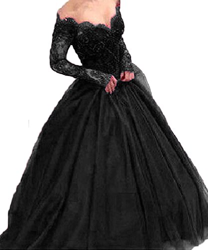 BessDress Off The Shoulder Formal Ball Gown Lace Illusion Long Sleeves Evening Party BD282