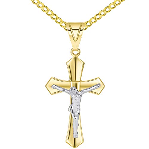 14k Two Tone Solid Gold Passion Christian Cross Crucifix Pendant with Cuban Necklace, 24" - Thumbnail 4