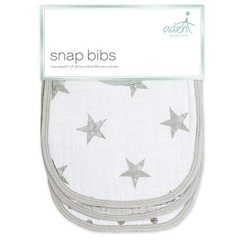 aden by aden + anais Snap Bib, 100% Cotton Muslin, Soft Absorbent 3 Layers, Adjustable, 9" X 13", 3 Pack, Dusty