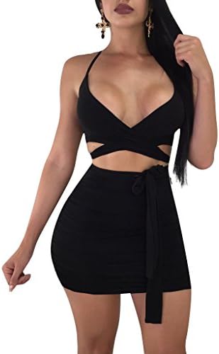 Doramode Sexy Adjustable Spaghetti Strap Deep V-Neck Cut Out Bandage Bodycon Mini Clubwear Dress Short Cute Two Pieces Outfits for Women,Black Small