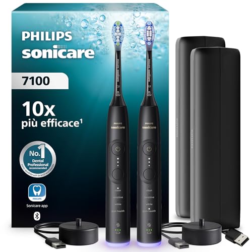 Philips Sonicare 7100, spazzolino elettrico sonico con app, 4 modalità di spazzolamento e 3 livelli di intensità, avviso di pressione, EasyStart, nero, confezione da 2, HX7429/03 [Nuova tecnologia]