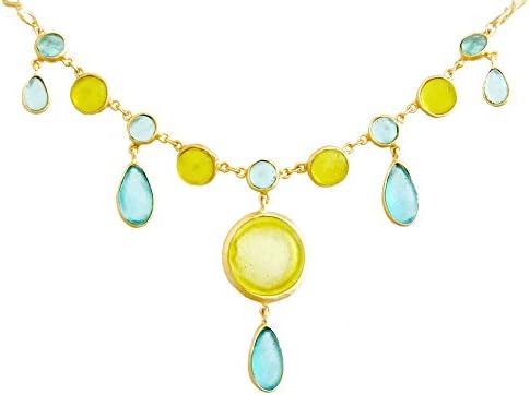 Cast Artisan Glass &amp; Gold-Plated Chandelier-Style Necklace - Lime Green and Teal Glass