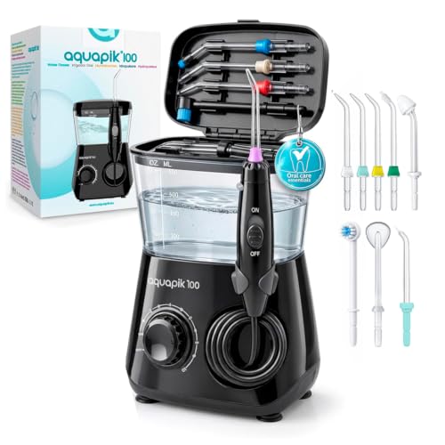 Aquapik® 100 Munddusche 600 ml 10 Stufen 8 Aufsätze Water Flosser Schwarz.