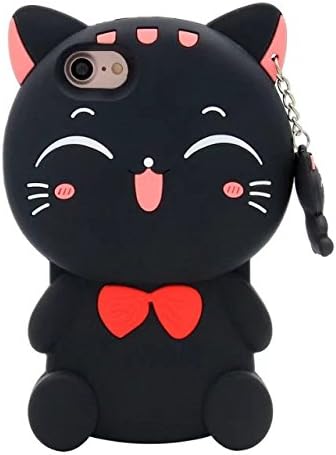 iPhone 7 Plus Cartoon Cat Case,Cute 3D Cartoon Black Plutus Cat Lucky Fortune Cat Kitty with Bow Tie Silicone Rubber Phone Case Cover For iPhone 7 Plus 5.5 inch