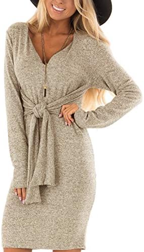 AUDATE Women's Long Sleeve V Neck Front Tie Bodycon Solid Club Party Dress