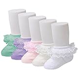 Epeius Baby-Girls Eyelet Frilly Double Lace Socks Infant Girls Princess Socks for 9-15 Months,White/Pink/Off White/Mint/Purple (Pack of 5)