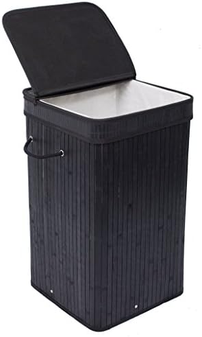 Birdrock Home Square Laundry Hamper With Lid And Cloth Liner - Bamboo - Black - Easily Transport Laundry Basket - Collapsible Hamper - String Handles