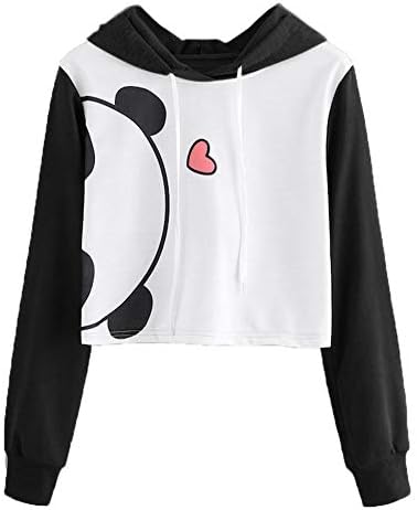 Simayixx Women Hooded Crop Tops Plus Fashion Women Cute Cat Panda Printed Hoodie Sweatshirts Pullover Jumper
