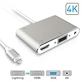 HDMI VGA AV Adapter Converter, 2019 Latest 4 in 1 Plug and Play Digtal AV Adapter Compatible for iPhone X / 8 / 8Plus/7/7Plus/6/6s/6s Plus/5/5s iPad iPod to Projector HDTV Projector Monitor (Sliver)