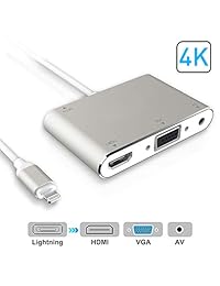 HDMI VGA AV Adapter Converter, 2019 Latest 4 in 1 Plug and Play Digtal AV Adapter Compatible for iPhone X   8   8Plus 7 7Plus 6 6s 6s Plus 5 5s iPad iPod to Projector HDTV Projector Monitor (Sliver)