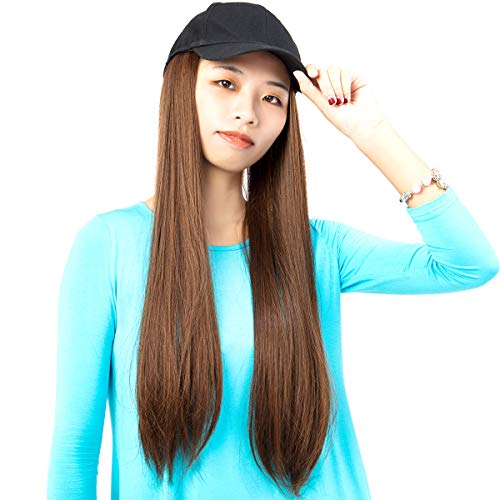 21″ Baseball Cap With Synthetic Hair Extensions Long Straight Hairpiece Wig with Adjustable Black Baseball Hat with Hair