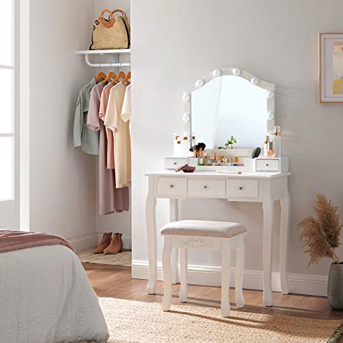 VASAGLE Vanity Table Set With Lighted Mirror, Vanity Set With Drawers