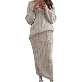 Women's Winter Casual Chunky Cable Knit Long Pencil Skirt 2 Piece Outfit Oversized Pullover Plus Size Sweater Sets Warm Suit