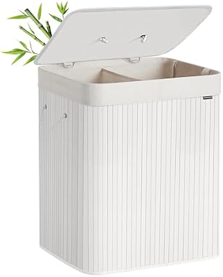 Cesto de la Ropa Sucia con Tapa, 2 compartimentos, 120 L, Cesta de Lavandería de Bambú, Plegable, con Bolsa Lavable Extraíble, Asas, para Lavandería, Dormitorio, Blanco LCB014W01