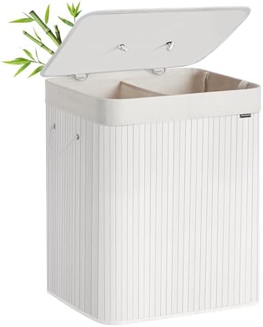 Cesto de la Ropa Sucia con Tapa, 2 compartimentos, 120 L, Cesta de Lavandería de Bambú, Plegable, con Bolsa Lavable Extraíble, Asas, para Lavandería, Dormitorio, Blanco LCB014W01