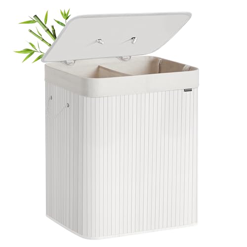 Cesto de la Ropa Sucia con Tapa, 2 compartimentos, 120 L, Cesta de Lavandería de Bambú, Plegable, con Bolsa Lavable Extraíble, Asas, para Lavandería, Dormitorio, Blanco LCB014W01