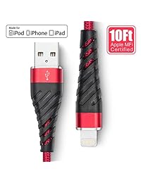 Long iPhone Charger 10ft, Apple MFi Certified Lightning Charger Cable 10 Foot,Durable Braided Nylon Metal Connector Charger Cord Compatible with iPhone X XS Max XR 8 Plus 7 6 5 SE, iPad, Red