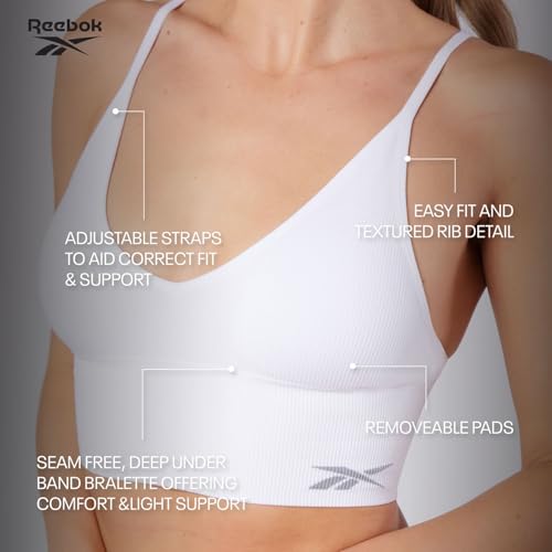 Reebok Top Corto Acanalado sin Costuras Mujer,Top Estilo Sujetador sin Costuras con sujeción Ligera, sin Aros y con Almohadillas extraíbles,Disponible en Negro o Blanco, en 4 Tallas