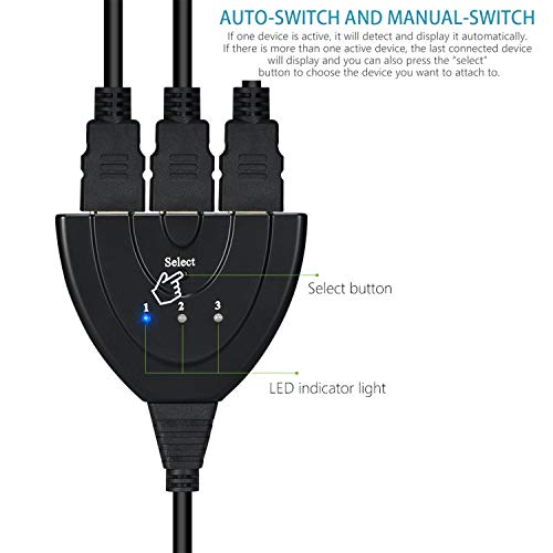 HD Switcher, HDMI 3 x 1 Switcher, HDMI Splitter, Yeworth 3-Port 1080P HDMI Switches Selector HD Hub Switch Connetor Compatible with HDTV PC Projector PS3 PS4 Xbox STB Gold Plated