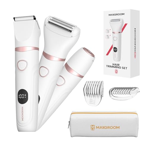 Rasoir Electrique Femme 3-en-1, MAXGROOM Tondeuse Intime Femme Humide/Sec, Rasoir Électrique avec Affichage LED & Lame Céramique, Tondeuse Bikini pour Visage Aisselles Jambes Corps, 90 min d'autonomie