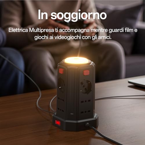 2 M Power Strip with Night Light 12 Universal Sockets 10/16A ITA and Schuko and 3 USB A+1 USB C Overvoltage Protection with 4 Independent Switches for Office, Home