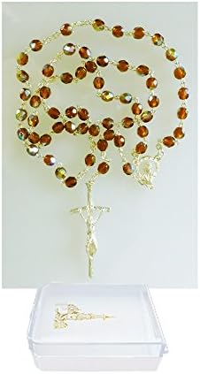 Crystal Rosary with Papal Crucifix and Madonna center, 19-1/2, Includes Case (Amber)