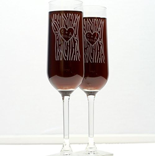 Personalized Engraved Wedding Initials In Tree Trunk Champagne Flutes (Set of 2)