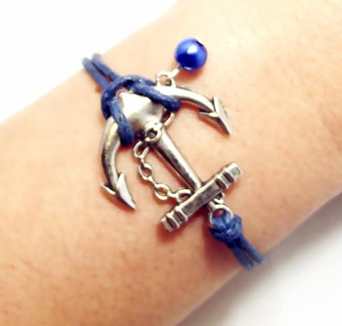 Made in USA B-120 Navy blue Wax cords large silver tone anchor with a little blue glass preal bracelet