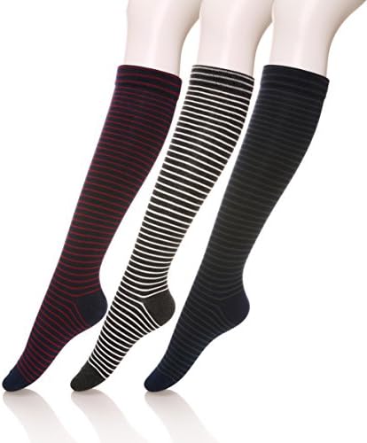 Velice Womens Stripe Pattern Knee High Socks Cotton Boot Socks 2-3 Pairs (Grey white&amp; Red blue&amp; Blue green)