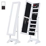 Cloud Mountain Mirrored Jewelry Cabinet Free Standing Lockable Jewelry Armoire Full Length Floor Tilting Jewelry Organizer with Mirror, 3 Angle Adjustable Organizer Storage, White