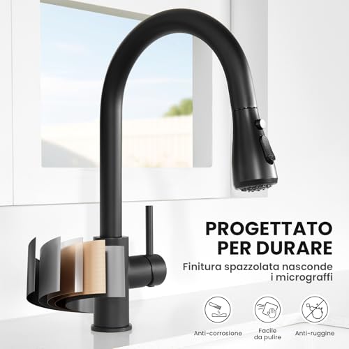CECIPA Black Kitchen Tap with 2 Types of Modes, Black Kitchen Mixer with Pull-Out Shower 40 cm, Single Lever Mixer Tap in Stainless Steel