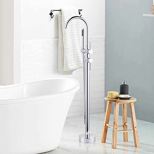 ARCORA Floor Bathtub Tap, Freestanding Bathtub Mixer, Pillar Bathtub Tap with Hand Shower, 360° Swivel, Copper and Stainless Steel, Ceramic Cartridge, Chrome