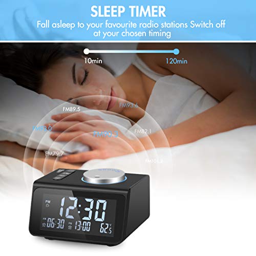 Small Digital Alarm Clock Radio - Dual Alarm, 7 Wake-up Sounds, Display Dimmer, 2 USB Charger, Sleep Timer, Easy to Set, Thermometer, FM Radio Clock w/Battery Backup for Bedrooms, Office, Desk, Travel - Thumbnail 5