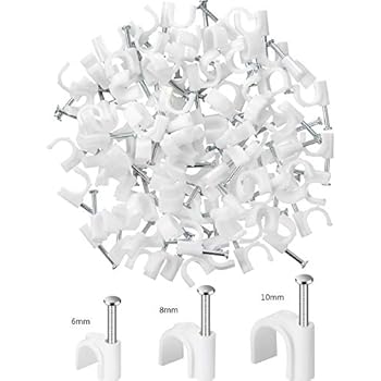 White Cable Clips Nails, Wire Nail Clamps Cable Staples for Ethernet Cable RG6 RG59 CAT5 CAT6 RJ45 TV (300 Pieces, 6 mm/ 8 mm/ 10 mm)