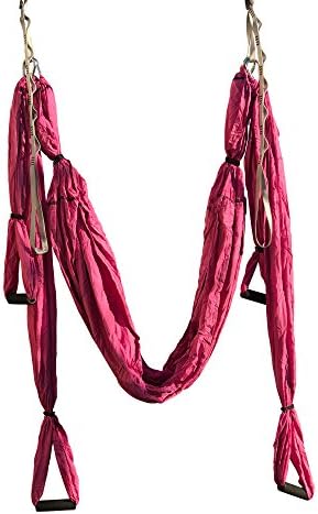 S-Body Fitness PREMIUM QUALITY yoga inversion swing trapeze with straps and hooks set - 5 Meditation DVDs - aerial silk material this hammock is great for use indoor (Pink)