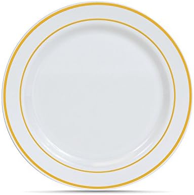 Wedding Heavyweight Plastic Party Plates, White with Gold Rim 50 Pack (10.25 Inch) Disposable Dinner Plates Fancy Elegant