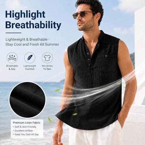 ATRACTIVOLL Camiseta Tirantes Hombre Camisa de Lino Hawaianas Playa Camiseta sin Mangas Henley Transpirable Camiseta Básica Tank Top Tiempo Libre Deporte Chalecos con Bolsillo Gym Gimnasio Fitness