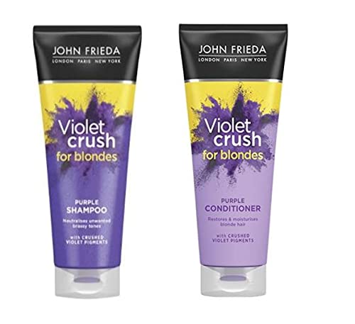 (250ml tubes) John Frieda Violet Crush Colour Correcting Shampoo and Conditioner Set For Banishing Brassy Tones in Blonde Hair