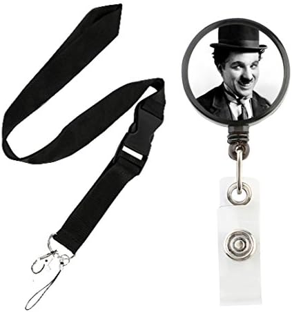 Translucent Retractable Badge Holder Reel Key Chain Reel with Lanyard for Key Cards and ID Cards (Charlie Chaplin Black Reel &amp; Lanyard)