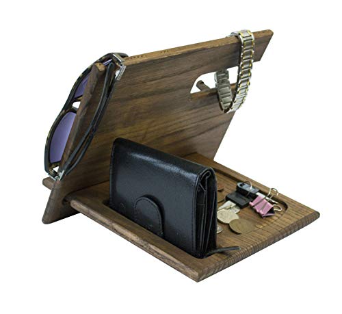 Wood Phone Docking Station Ash Chocolate Hooks Key Holder Wallet Stand Watch Organizer Men Gift Husband Wife Anniversary Dad Birthday Nightstand Purse Tablet Father Graduation Male Travel Idea Gadgets - Thumbnail 5