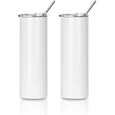 PYD Life 2 PCS Sublimation Blanks Skinny Tumbler White 20 OZ Straight Double Wall Stainless Steel Cups with Metal Straw for Tumbler Heat Press Machine Printing