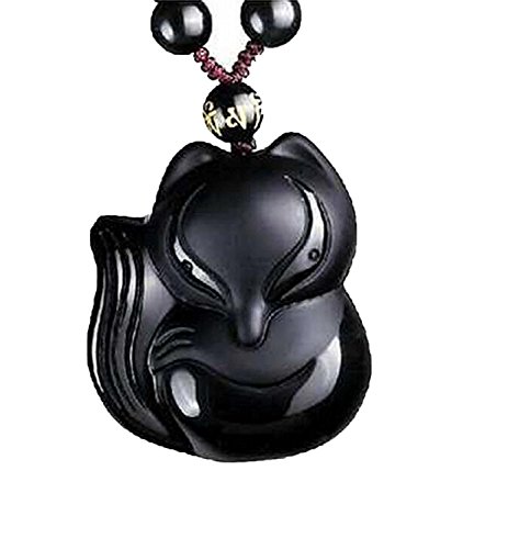 pure Hand Carved Natural Genuine Obsidian Fox Empress Amulet Pendant Necklace