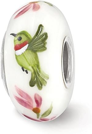 Fenton White Hand Painted Hummingbird Glass &amp; Sterling Silver Charm